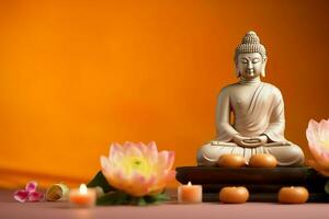 A buddha sits in in vesak buddha purnima day with copy space. Background for vesak festival day concept. Vesak celebration day greetings concept by AI Generated photo