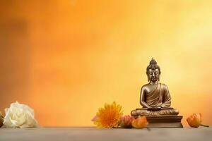 A buddha sits in in vesak buddha purnima day with copy space. Background for vesak festival day concept. Vesak celebration day greetings concept by AI Generated photo