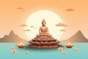 A buddha sits in in vesak buddha purnima day with copy space. Background for vesak festival day concept. Vesak celebration day greetings concept by AI Generated photo