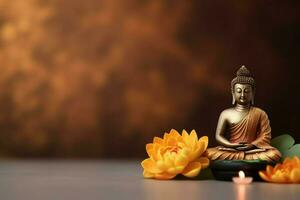 A buddha sits in in vesak buddha purnima day with copy space. Background for vesak festival day concept. Vesak celebration day greetings concept by AI Generated photo