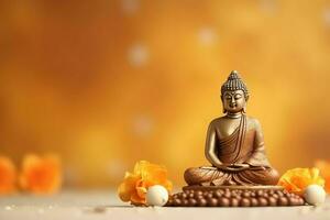 A buddha sits in in vesak buddha purnima day with copy space. Background for vesak festival day concept. Vesak celebration day greetings concept by AI Generated photo