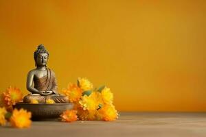 A buddha sits in in vesak buddha purnima day with copy space. Background for vesak festival day concept. Vesak celebration day greetings concept by AI Generated photo