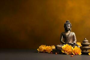 A buddha sits in in vesak buddha purnima day with copy space. Background for vesak festival day concept. Vesak celebration day greetings concept by AI Generated photo