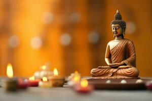 A buddha sits in in vesak buddha purnima day with copy space. Background for vesak festival day concept. Vesak celebration day greetings concept by AI Generated photo