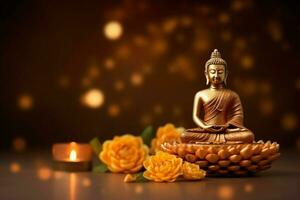 A buddha sits in in vesak buddha purnima day with copy space. Background for vesak festival day concept. Vesak celebration day greetings concept by AI Generated photo