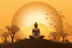 A buddha sits in in vesak buddha purnima day with copy space. Background for vesak festival day concept. Vesak celebration day greetings concept by AI Generated photo