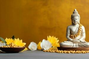 A buddha sits in in vesak buddha purnima day with copy space. Background for vesak festival day concept. Vesak celebration day greetings concept by AI Generated photo