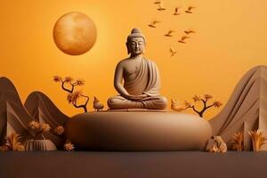 A buddha sits in in vesak buddha purnima day with copy space. Background for vesak festival day concept. Vesak celebration day greetings concept by AI Generated photo