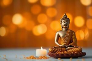 A buddha sits in in vesak buddha purnima day with copy space. Background for vesak festival day concept. Vesak celebration day greetings concept by AI Generated photo