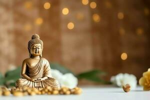 A buddha sits in in vesak buddha purnima day with copy space. Background for vesak festival day concept. Vesak celebration day greetings concept by AI Generated photo