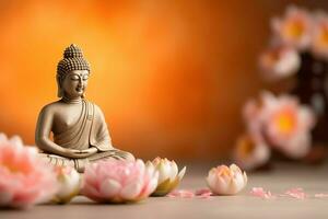 A buddha sits in in vesak buddha purnima day with copy space. Background for vesak festival day concept. Vesak celebration day greetings concept by AI Generated photo