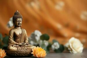 A buddha sits in in vesak buddha purnima day with copy space. Background for vesak festival day concept. Vesak celebration day greetings concept by AI Generated photo