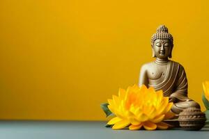 A buddha sits in in vesak buddha purnima day with copy space. Background for vesak festival day concept. Vesak celebration day greetings concept by AI Generated photo