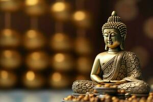 A buddha sits in in vesak buddha purnima day with copy space. Background for vesak festival day concept. Vesak celebration day greetings concept by AI Generated photo