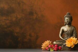 A buddha sits in in vesak buddha purnima day with copy space. Background for vesak festival day concept. Vesak celebration day greetings concept by AI Generated photo