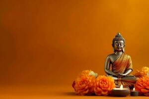 A buddha sits in in vesak buddha purnima day with copy space. Background for vesak festival day concept. Vesak celebration day greetings concept by AI Generated photo