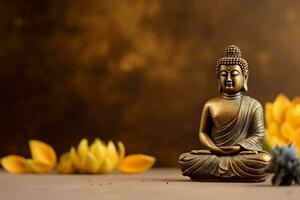 A buddha sits in in vesak buddha purnima day with copy space. Background for vesak festival day concept. Vesak celebration day greetings concept by AI Generated photo