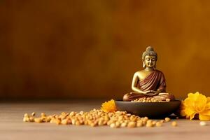 A buddha sits in in vesak buddha purnima day with copy space. Background for vesak festival day concept. Vesak celebration day greetings concept by AI Generated photo