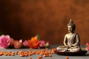 A buddha sits in in vesak buddha purnima day with copy space. Background for vesak festival day concept. Vesak celebration day greetings concept by AI Generated photo