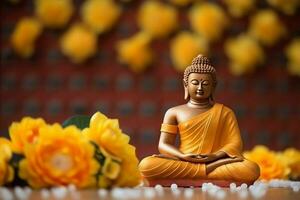 A buddha sits in in vesak buddha purnima day with copy space. Background for vesak festival day concept. Vesak celebration day greetings concept by AI Generated photo