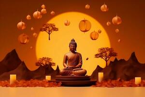 A buddha sits in in vesak buddha purnima day with copy space. Background for vesak festival day concept. Vesak celebration day greetings concept by AI Generated photo