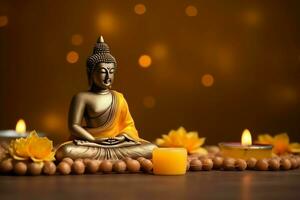 A buddha sits in in vesak buddha purnima day with copy space. Background for vesak festival day concept. Vesak celebration day greetings concept by AI Generated photo