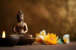 A buddha sits in in vesak buddha purnima day with copy space. Background for vesak festival day concept. Vesak celebration day greetings concept by AI Generated photo