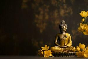 A buddha sits in in vesak buddha purnima day with copy space. Background for vesak festival day concept. Vesak celebration day greetings concept by AI Generated photo