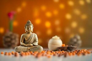 A buddha sits in in vesak buddha purnima day with copy space. Background for vesak festival day concept. Vesak celebration day greetings concept by AI Generated photo
