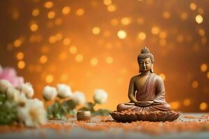 A buddha sits in in vesak buddha purnima day with copy space. Background for vesak festival day concept. Vesak celebration day greetings concept by AI Generated photo