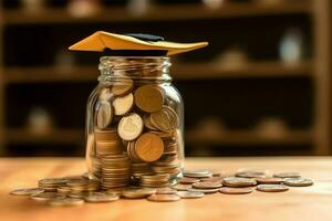 A glass bottle with stack of coins money and a graduation hat on top. Saving money and educational success concept by AI Generated photo