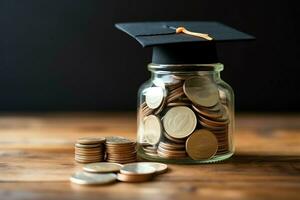 A glass bottle with stack of coins money and a graduation hat on top. Saving money and educational success concept by AI Generated photo