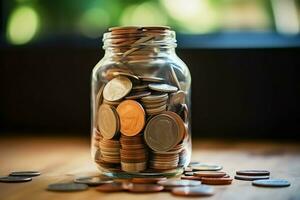 A glass bottle with stack of coins money and a graduation hat on top. Saving money and educational success concept by AI Generated photo