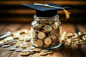 A glass bottle with stack of coins money and a graduation hat on top. Saving money and educational success concept by AI Generated photo