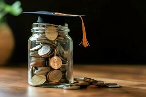 un vaso botella con apilar de monedas dinero y un graduación sombrero en cima. ahorro dinero y educativo éxito concepto por ai generado foto