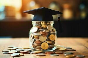 un vaso botella con apilar de monedas dinero y un graduación sombrero en cima. ahorro dinero y educativo éxito concepto por ai generado foto