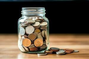 A glass bottle with stack of coins money and a graduation hat on top. Saving money and educational success concept by AI Generated photo