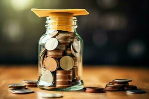 A glass bottle with stack of coins money and a graduation hat on top. Saving money and educational success concept by AI Generated photo