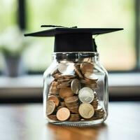 un vaso botella con apilar de monedas dinero y un graduación sombrero en cima. ahorro dinero y educativo éxito concepto por ai generado foto