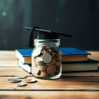 un vaso botella con apilar de monedas dinero y un graduación sombrero en cima. ahorro dinero y educativo éxito concepto por ai generado foto