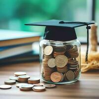 un vaso botella con apilar de monedas dinero y un graduación sombrero en cima. ahorro dinero y educativo éxito concepto por ai generado foto