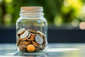 A glass bottle with stack of coins money and a graduation hat on top. Saving money and educational success concept by AI Generated photo