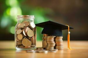 A glass bottle with stack of coins money and a graduation hat on top. Saving money and educational success concept by AI Generated photo