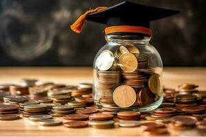 un vaso botella con apilar de monedas dinero y un graduación sombrero en cima. ahorro dinero y educativo éxito concepto por ai generado foto