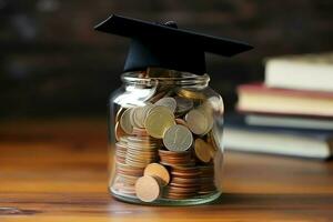 A glass bottle with stack of coins money and a graduation hat on top. Saving money and educational success concept by AI Generated photo