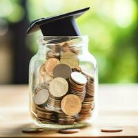 A glass bottle with stack of coins money and a graduation hat on top. Saving money and educational success concept by AI Generated photo