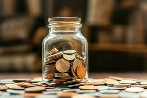 A glass bottle with stack of coins money and a graduation hat on top. Saving money and educational success concept by AI Generated photo