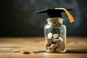 A glass bottle with stack of coins money and a graduation hat on top. Saving money and educational success concept by AI Generated photo