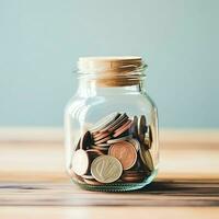 A glass bottle with stack of coins money and a graduation hat on top. Saving money and educational success concept by AI Generated photo