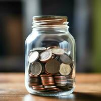 un vaso botella con apilar de monedas dinero y un graduación sombrero en cima. ahorro dinero y educativo éxito concepto por ai generado foto